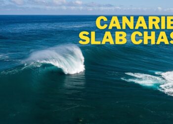 Manu Miguélez documenta una sesión con Laura Coviella, Benjamin Sanchis y Jonathan González surfeando un slab con la marejada más intensa de este invierno en Canarias.