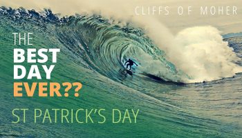 La costa oeste de Irlanda está plagada de buenos y peligrosos slabs, como el que rompe bajo los acantilados de Moer. El pasado día de San Patricio fue espectacular y la celebración fue doble.